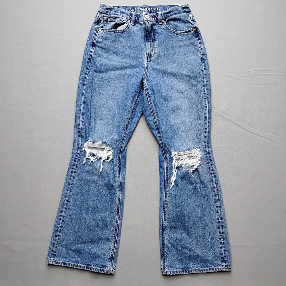 American Eagle Curvy 90s Bootcut Jeans Womens 6 Short Blue Distressed Ripped